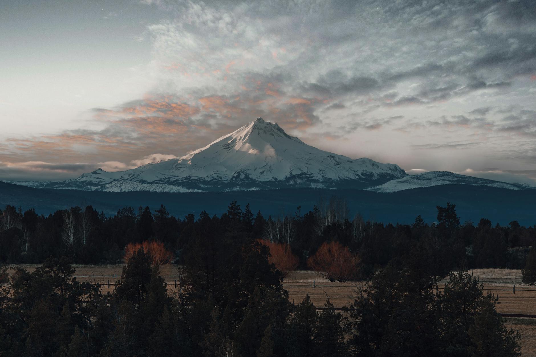 trees near snow covered mountain under cloudy sky Oregon Best states for homesteading